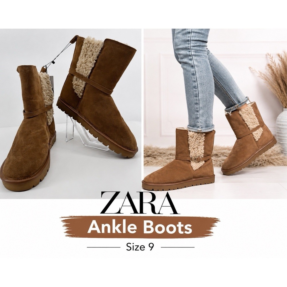 ZARA NWT Cozy Shearling Lined Suede Ankle Boots Chestnut Brown Moto Buckle Sz 9